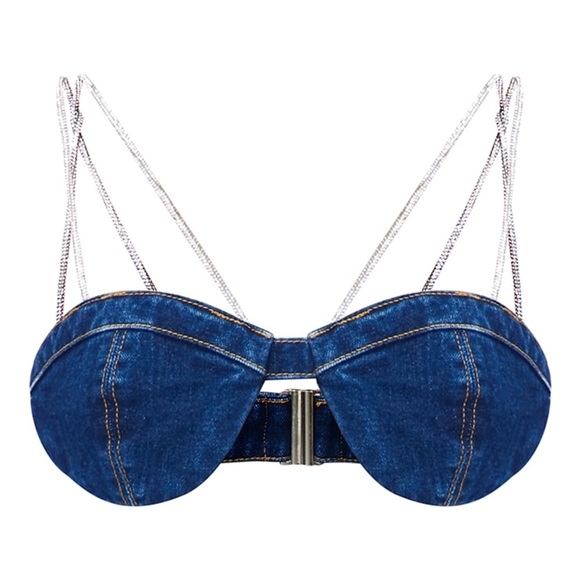 DARK BLUE WASH DIAMANTÉ STRAP DENIM BRALETTE - Picture 3 of 4